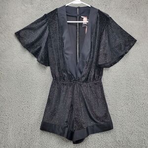 Victoria's Secret Deep V Black Velvet Glitter Romper Small Flutter Sleeves NWT